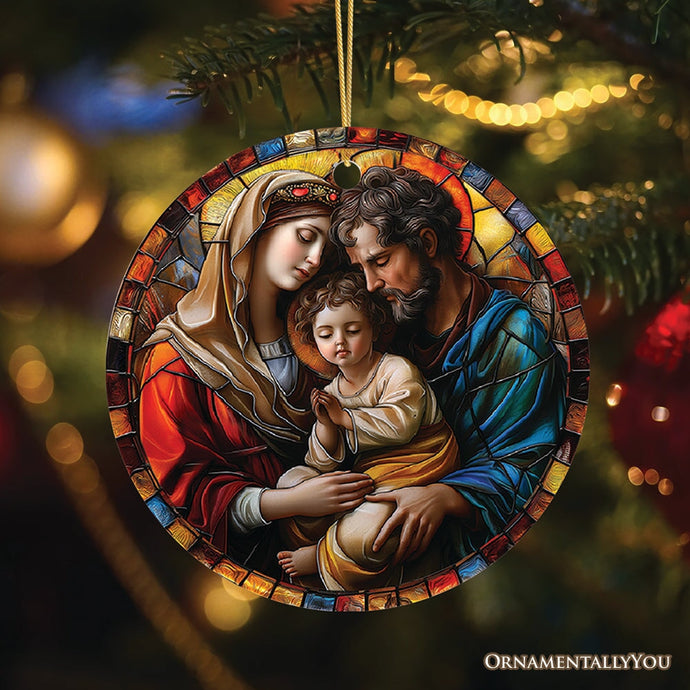 The Holy Embrace Stained Glass Themed Ceramic Ornament, Birth of Jesus Nativity Scene with Joseph and Mary Gift OrnamentallyYou