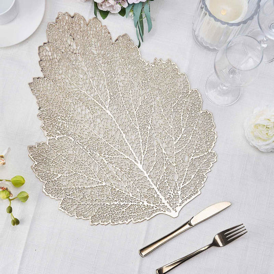 6 Pack 18" Gold Metallic Fall Leaf Vinyl Placemats, Non-Slip Dining Table Mats Decorations HIER_4640