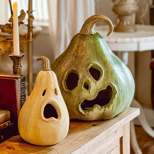 Estate Stone Gourd Jack-o-Lanterns, Set of Two ABH