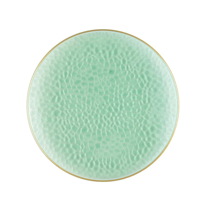 Load image into Gallery viewer, Organic Hammered Green Gold Rim 7″ Plates Tablesettings Blue Sky
