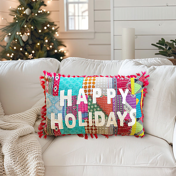 Happy Holidays Kantha Pillow General KAL