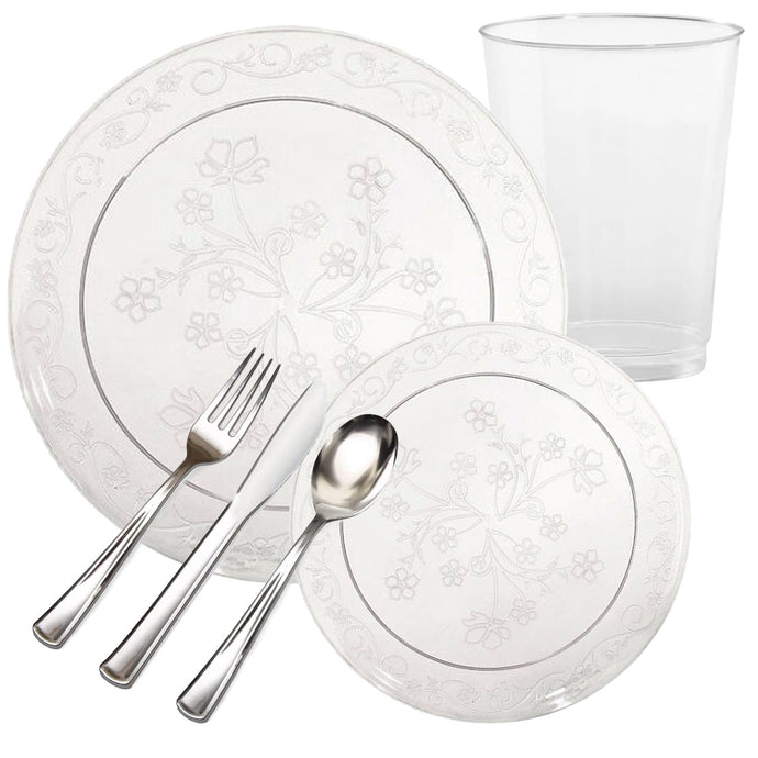 D'VINE COLLECTION ELEGANT CLEAR PLASTIC TABLEWARE PACKAGE Disposable Plates Decorline