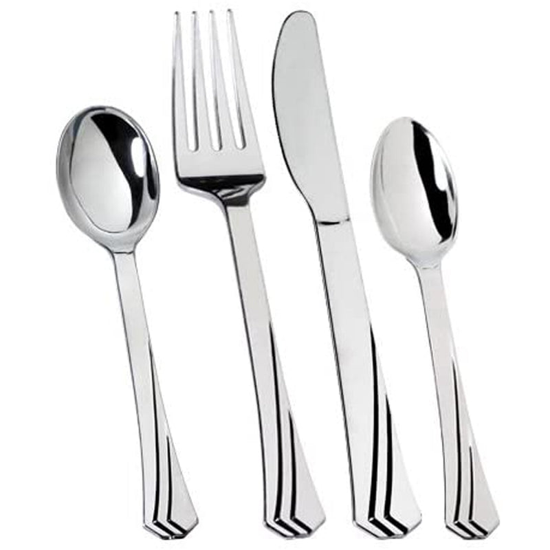 Load image into Gallery viewer, Plastic Cutlery Silverware Heavyweight Disposable Flatware, Plastic Cutlery 144 piece Combo Pack - 36 of each Fork, Knives, Teaspoon, Soup spoon Tablesettings Lillian
