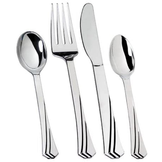 Plastic Cutlery Silverware Heavyweight Disposable Flatware, Plastic Cutlery 144 piece Combo Pack - 36 of each Fork, Knives, Teaspoon, Soup spoon Tablesettings Lillian