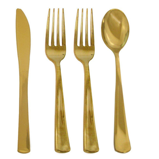 Lilian Tablesettings 96 Pcs Disposable Extra Heavyweight Gold Plastic Tableware Tablesettings Lillian