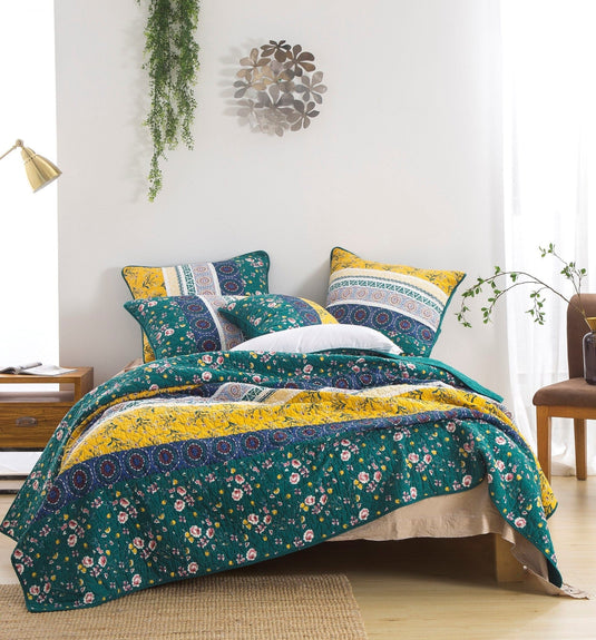 Bedding Bohemian Patchwork Bed of Wild Flowers Floral Gardenia Green Bedspread Set Collection DaDalogy Bedding Collection