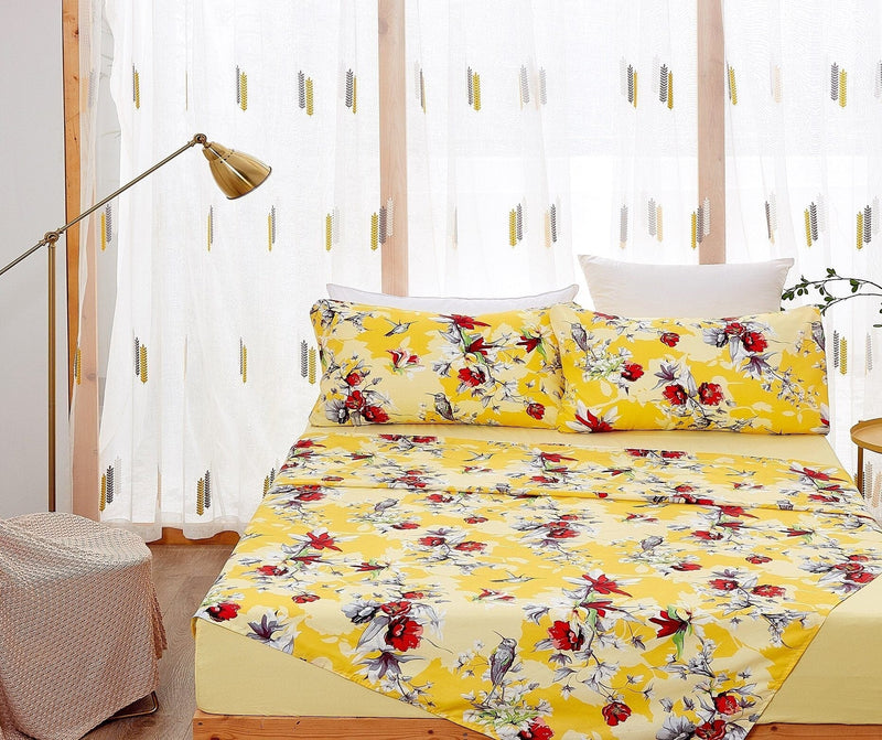 Load image into Gallery viewer, Sunshine Yellow Hummingbirds Floral Fitted &amp; Flat Bed Sheets Set Shop DaDalogy Bedding Collection
