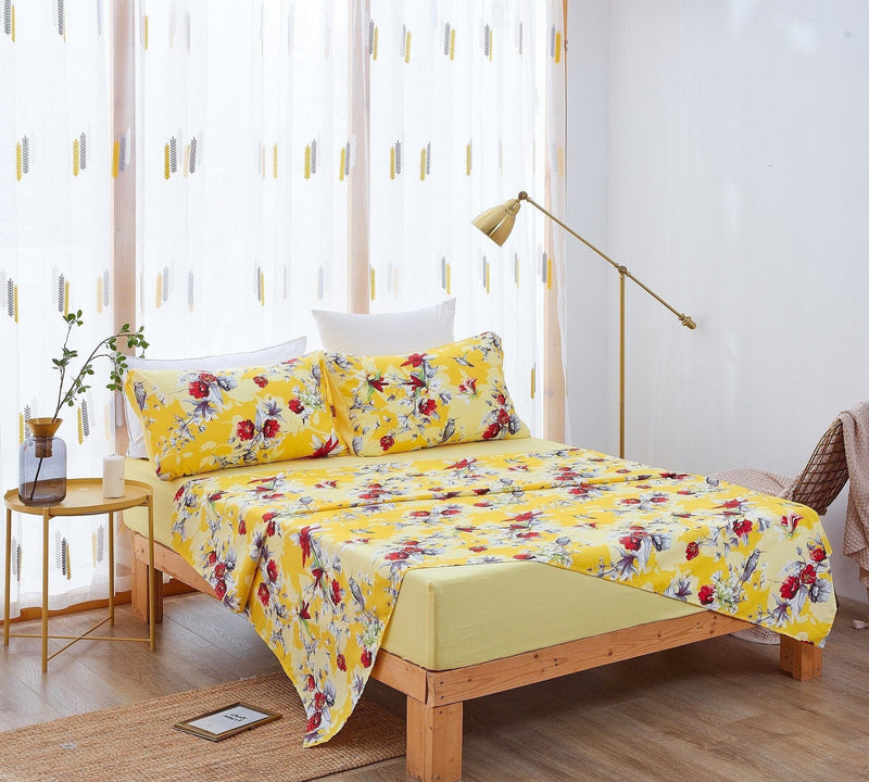 Load image into Gallery viewer, Sunshine Yellow Hummingbirds Floral Fitted &amp; Flat Bed Sheets Set Shop DaDalogy Bedding Collection
