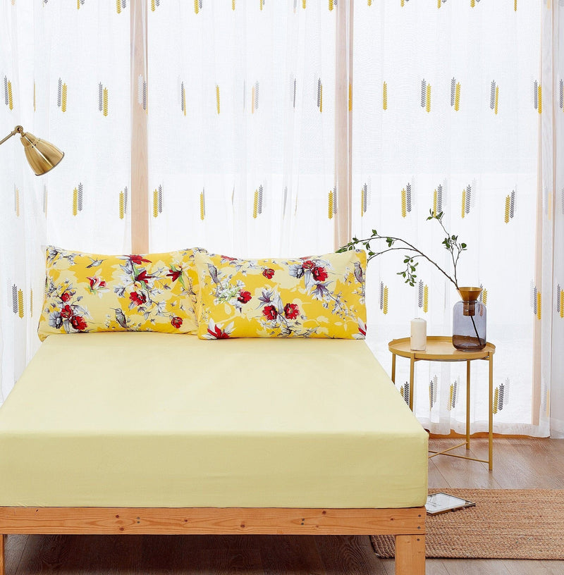 Load image into Gallery viewer, Sunshine Yellow Hummingbirds Floral Fitted &amp; Flat Bed Sheets Set Shop DaDalogy Bedding Collection
