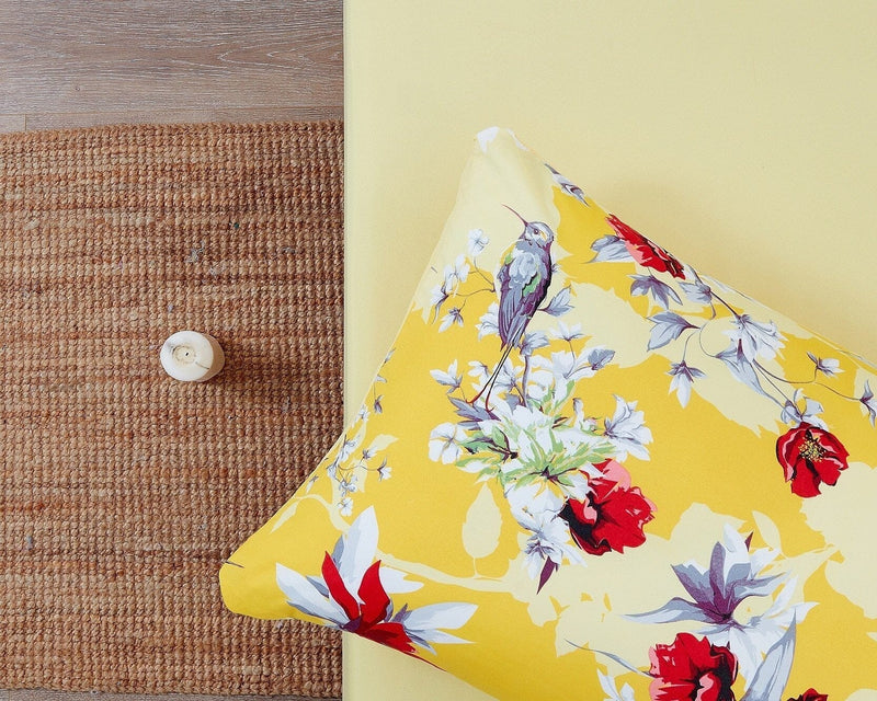 Load image into Gallery viewer, Sunshine Yellow Hummingbirds Floral Fitted &amp; Flat Bed Sheets Set Shop DaDalogy Bedding Collection
