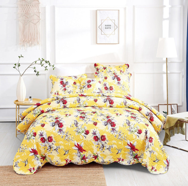 Load image into Gallery viewer, Radiant Sunshine Yellow Hummingbirds Floral Scalloped Bedspread Set Shop DaDalogy Bedding Collection
