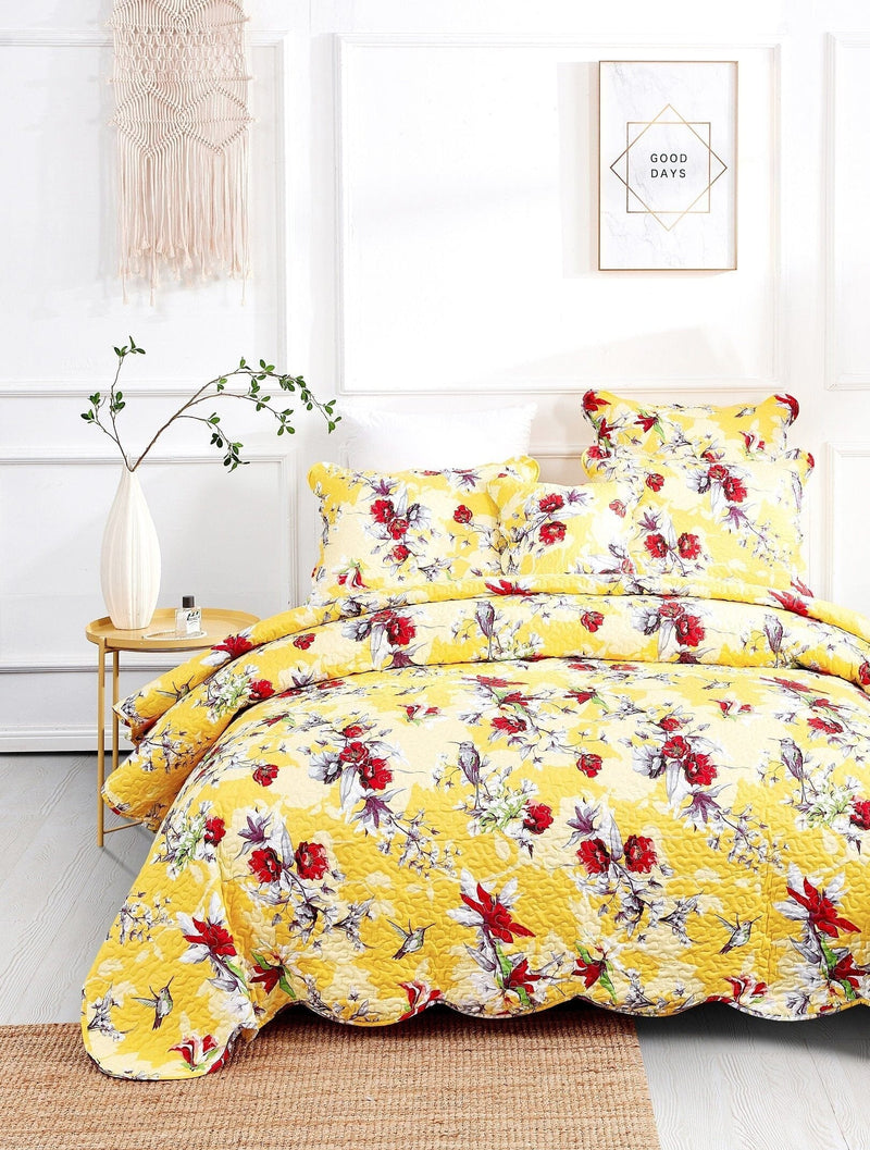 Load image into Gallery viewer, Radiant Sunshine Yellow Hummingbirds Floral Scalloped Bedspread Set Shop DaDalogy Bedding Collection
