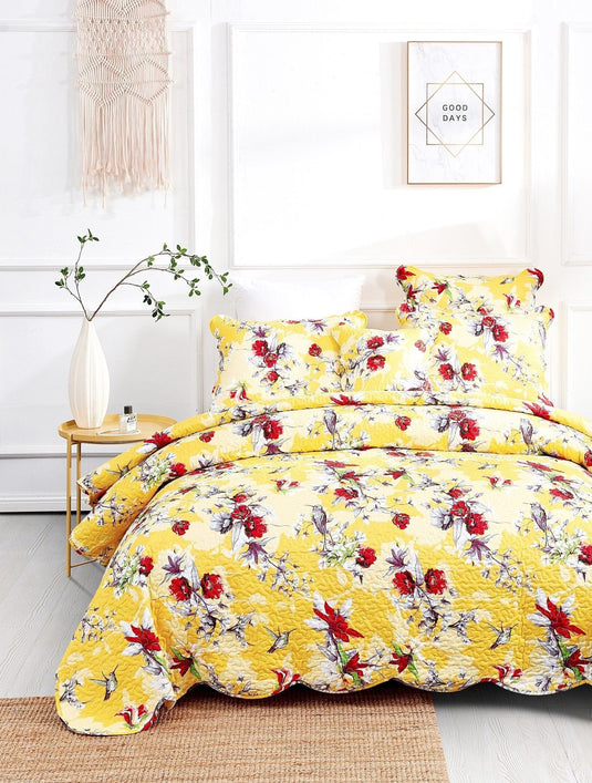 Radiant Sunshine Yellow Hummingbirds Floral Scalloped Bedspread Set Shop DaDalogy Bedding Collection