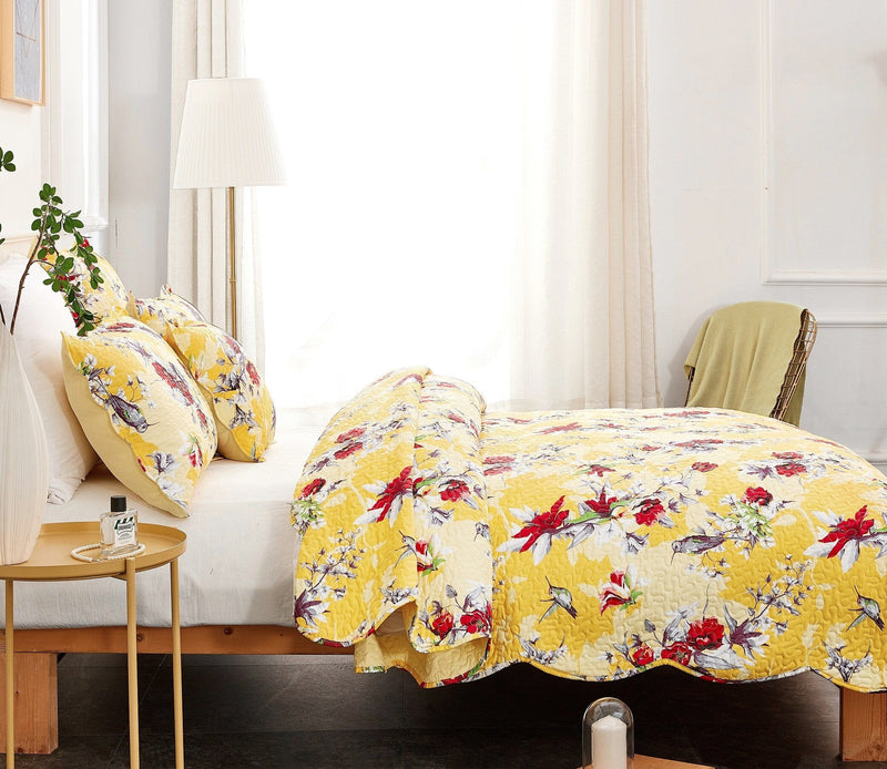 Load image into Gallery viewer, Radiant Sunshine Yellow Hummingbirds Floral Scalloped Bedspread Set Shop DaDalogy Bedding Collection
