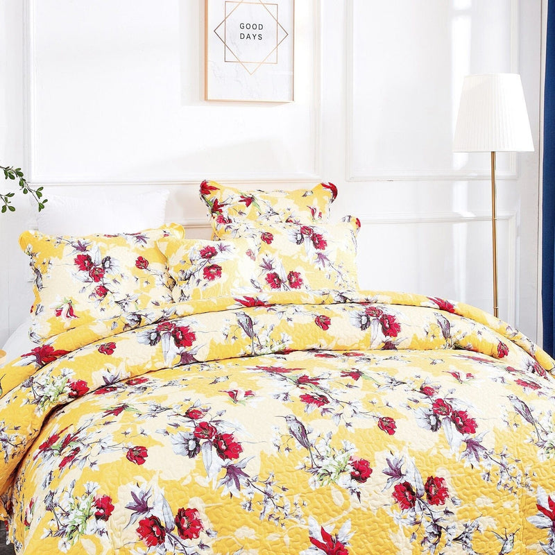 Load image into Gallery viewer, Radiant Sunshine Yellow Hummingbirds Floral Scalloped Bedspread Set Shop DaDalogy Bedding Collection
