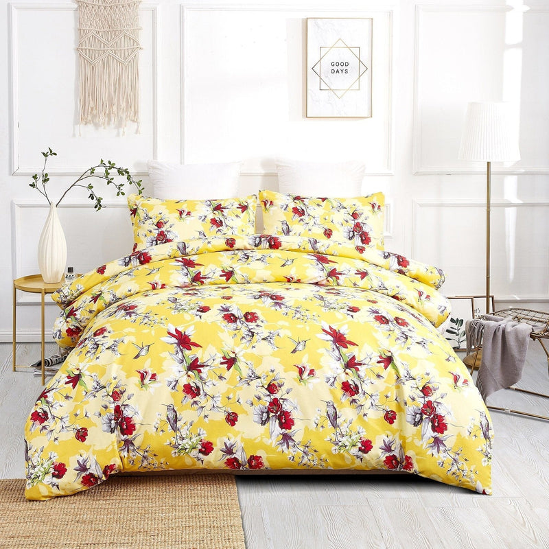 Load image into Gallery viewer, Sunshine Yellow Hummingbirds Floral Duvet Cover Set w/ Pillow Cases Shop DaDalogy Bedding Collection
