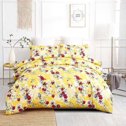 Sunshine Yellow Hummingbirds Floral Duvet Cover Set w/ Pillow Cases Shop DaDalogy Bedding Collection