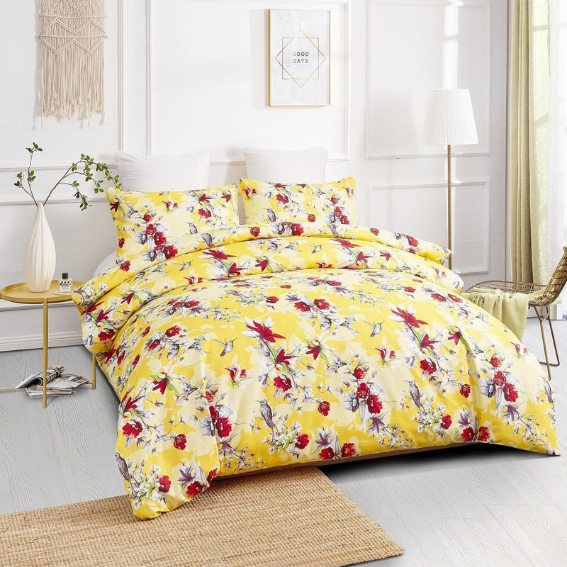 Load image into Gallery viewer, Sunshine Yellow Hummingbirds Floral Duvet Cover Set w/ Pillow Cases Shop DaDalogy Bedding Collection
