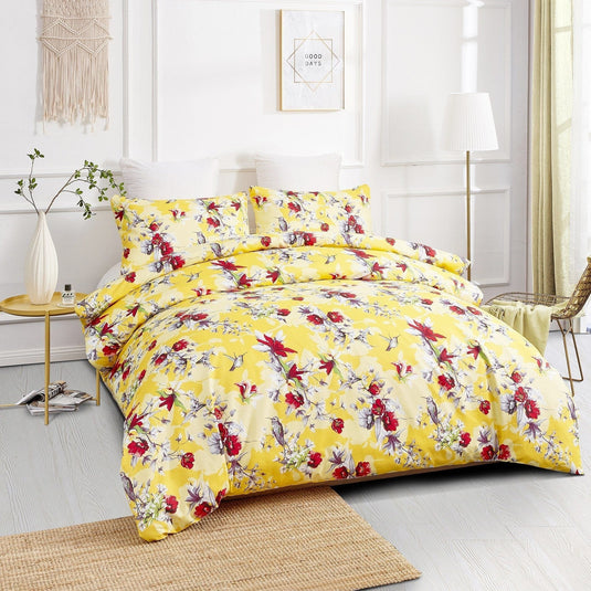 Sunshine Yellow Hummingbirds Floral Duvet Cover Set w/ Pillow Cases Shop DaDalogy Bedding Collection