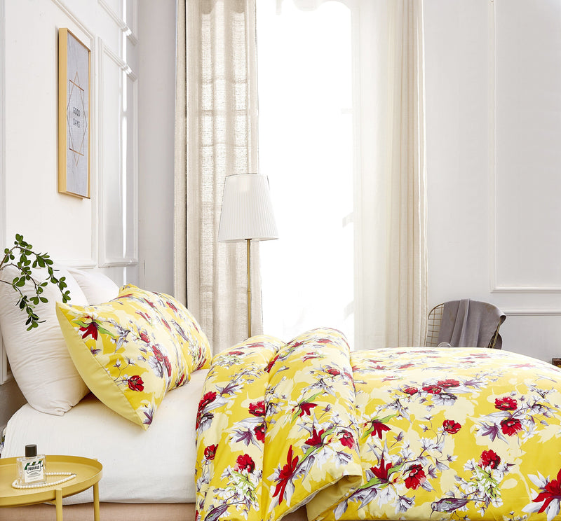 Load image into Gallery viewer, Sunshine Yellow Hummingbirds Floral Duvet Cover Set w/ Pillow Cases Shop DaDalogy Bedding Collection
