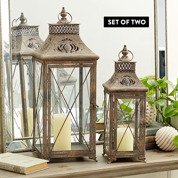 Rustic Distressed Metal and Glass Lanterns, Set of Two Whats trending UMA