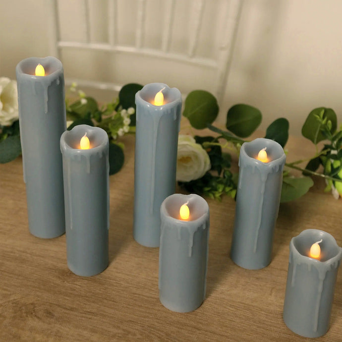 Set of 6 LED Flameless Luminaria Candles Drip Wax Dusty Blue - Battery Operated Pillar Lighting LED HIER_8300