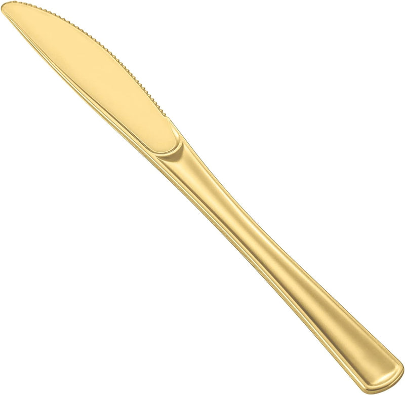 Load image into Gallery viewer, Cutlery Silverware Extra Heavyweight Disposable Flatware Knives Gold Tablesettings Lillian
