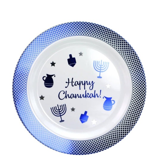 Happy Chanukah Heavyweight Blue Plastic Plate 7" 10 count Disposable Plates Lillian Tablesettings