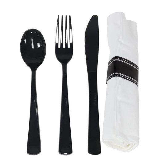 Pre-Rolled Cutlery And Napkin Black Set Tablesettings Lillian