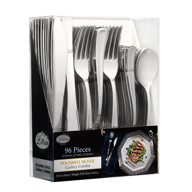 Load image into Gallery viewer, Cutlery Silverware Extra Heavyweight Disposable Flatware Combo Silver 96 Pieces Tablesettings Lillian
