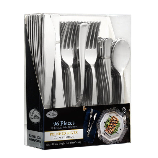 Cutlery Silverware Extra Heavyweight Disposable Flatware Combo Silver 96 Pieces Tablesettings Lillian