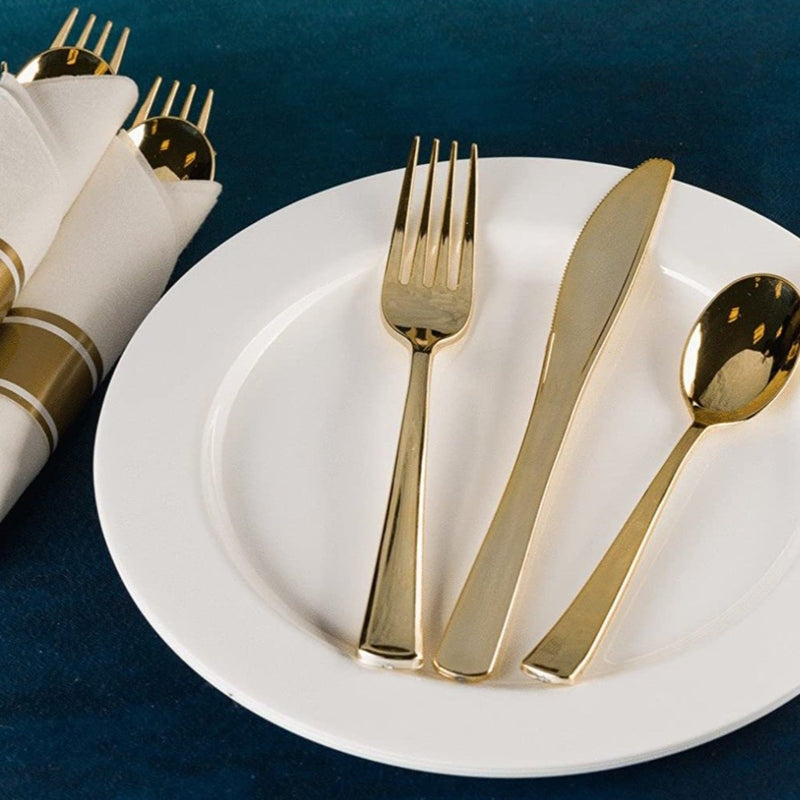 Load image into Gallery viewer, *BULK* Pre-Rolled set Cutlery Combo Spoon, Knife, Forks and Napkin Polished Gold Tablesettings Lillian
