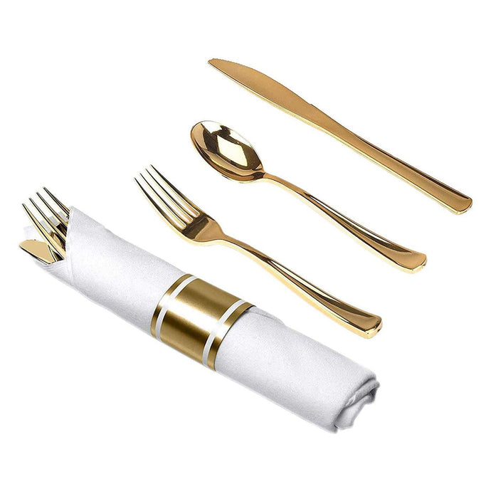 *BULK* Pre-Rolled set Cutlery Combo Spoon, Knife, Forks and Napkin Polished Gold Tablesettings Lillian