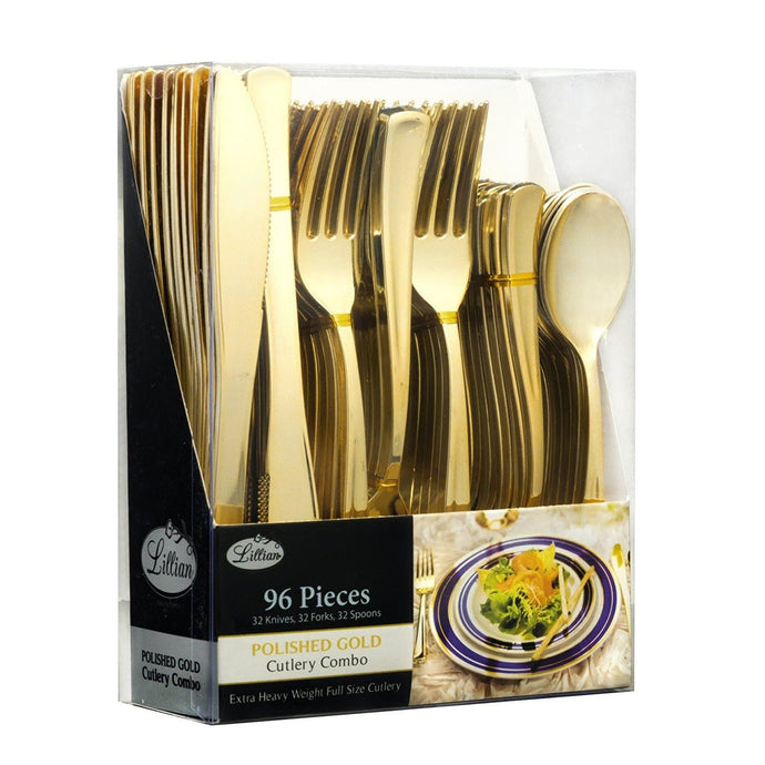 Lilian Tablesettings 96 Pcs Disposable Extra Heavyweight Gold Plastic Tableware Tablesettings Lillian