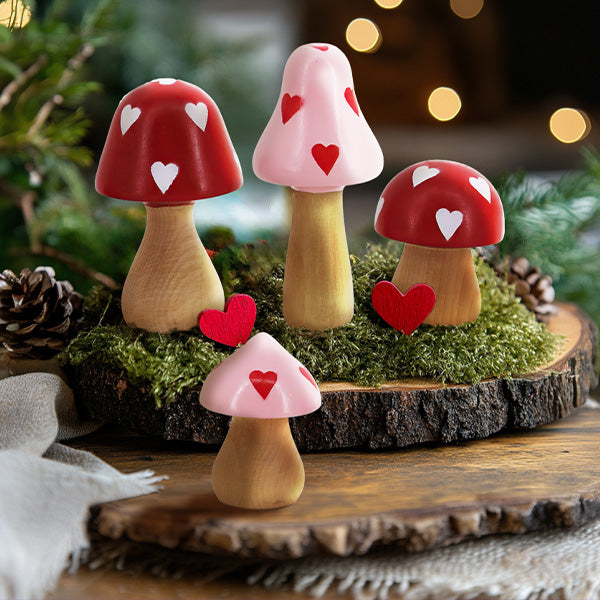 Wooden Heart-Patterned Cap Mushroom Decor, Set of Four General ABH