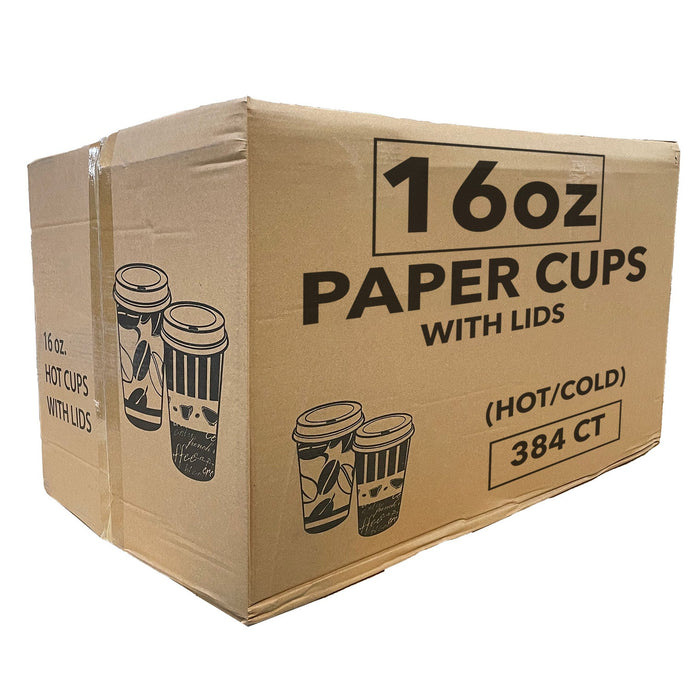 *WHOLESALE* 16 oz. - Disposable - Coffee Bean Pattern - Hot/Cold Cups w/ lid | 384 ct. Paper Cups VeZee