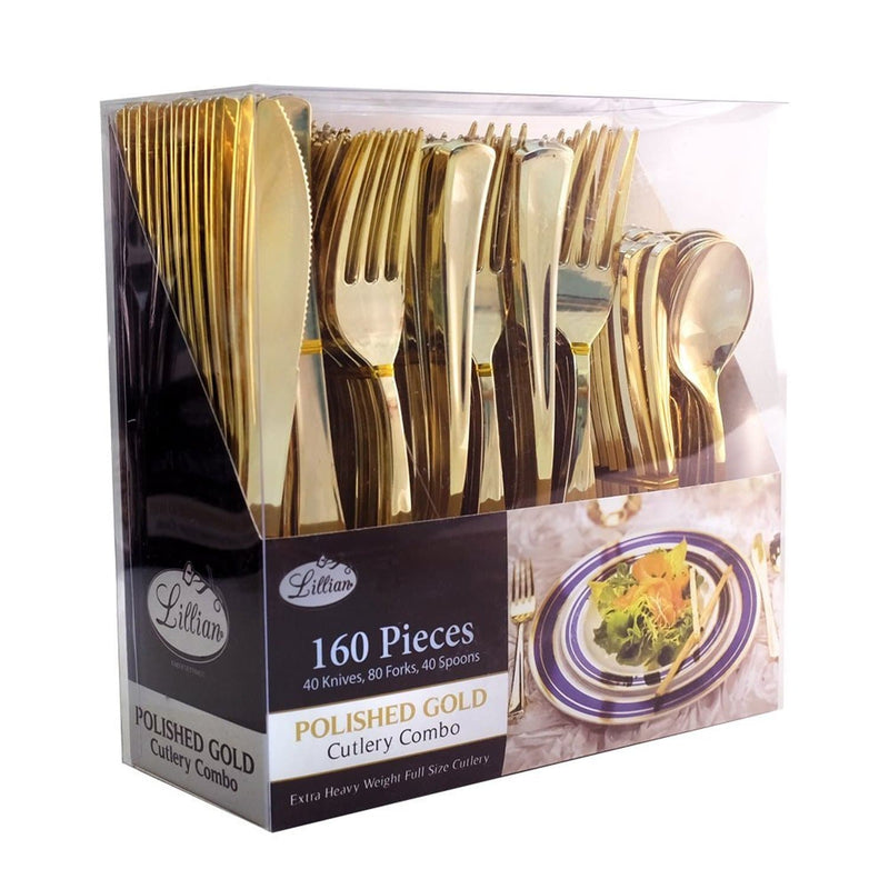 Load image into Gallery viewer, Cutlery Silverware Extra Heavyweight Disposable Flatware Combo Gold 160 Pieces Tablesettings Lillian
