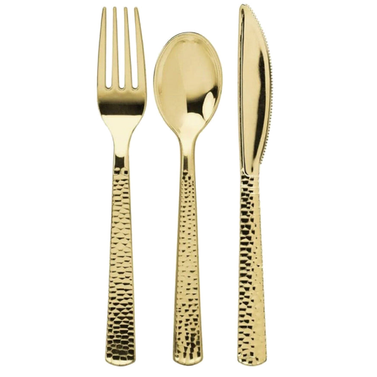 Lilian Tablesettings 96 Pcs Disposable Hammered Extra Heavyweight Gold Plastic Tableware Tablesetting Lillian