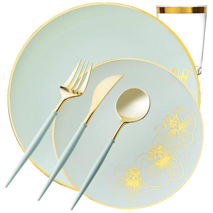 COMBO Orchid Collection Dinner Plate Turquoise & Gold Tableware Package Set Disposable Plates Decorline