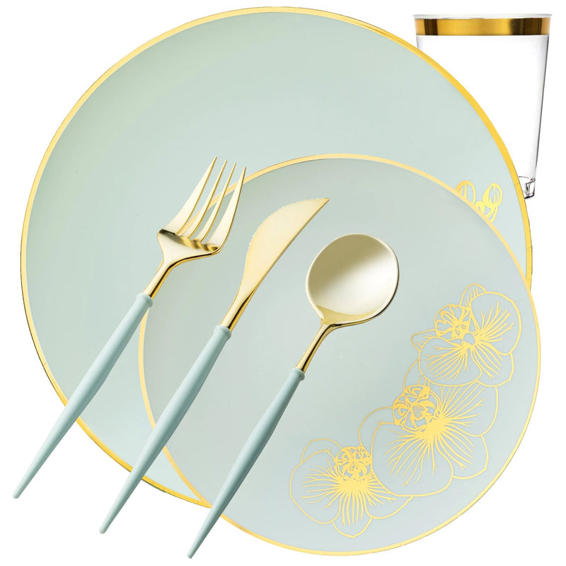 Load image into Gallery viewer, COMBO Orchid Collection Dinner Plate Turquoise &amp; Gold Tableware Package Set Disposable Plates Decorline
