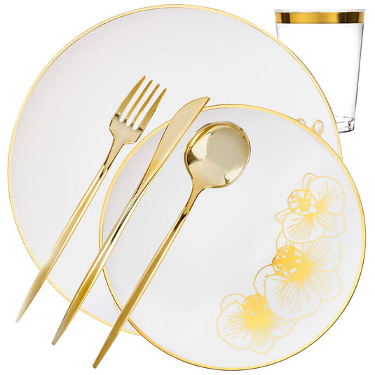 COMBO Orchid Collection Dinner Plate White & Gold Tableware Package Set Disposable Plates Decorline