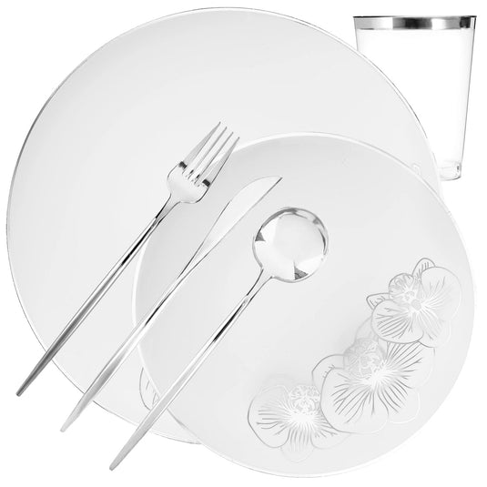 COMBO Orchid Collection Dinner Plate White & Silver Tableware Package Set Disposable Plates Decorline