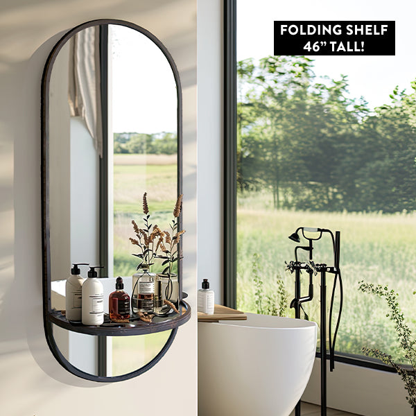 46 Inch Oval Wall Mirror With Folding Metal Wall Shelf General KAL