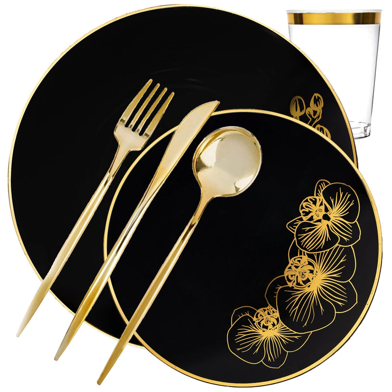 Load image into Gallery viewer, COMBO Orchid Collection Dinner Plate Black &amp; Gold Novelty Tableware Package Set Disposable Plates Decorline
