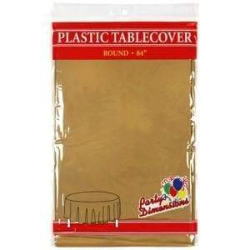 Load image into Gallery viewer, *WHOLESALE* TableCloth Plastic Disposable Round Gold 84&#39;&#39;:36CT Table Cover Party Dimensions
