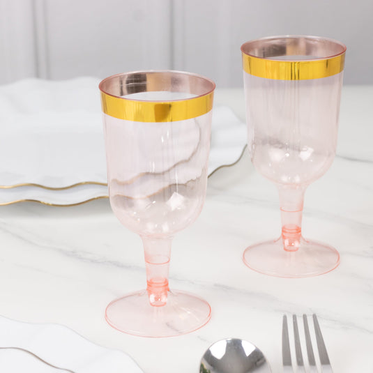 12 Pack Plastic Short Stem Wine Glasses Transparent Blush/Gold Rim - Stylish Disposable Drinkware 6oz Disposables HIER_4300