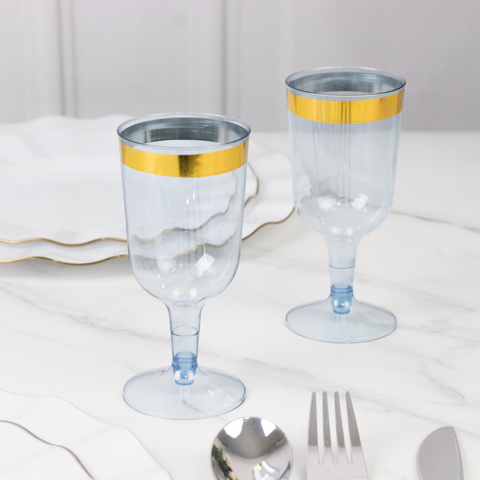 12 Pack Plastic Short Stem Wine Glasses Transparent Dusty Blue/Gold Rim - Stylish Disposable Drinkware 6oz Disposables HIER_4300