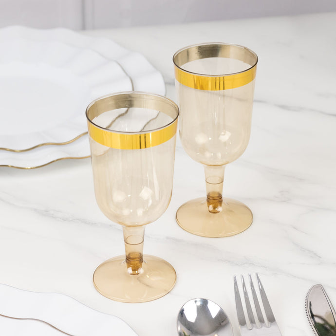 12 Pack Plastic Short Stem Wine Glasses Transparent Gold/Gold Rim - Stylish Disposable Drinkware 6oz Disposables HIER_4300