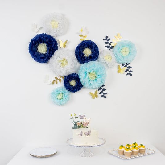 Set of 21 Tissue Paper Flowers Pom Poms Decor Kit  White Blue 3D Chrysanth Floral Wall Decor with Butterflies & Olive Leaves - 8",10",12" Decorations HIER_9600