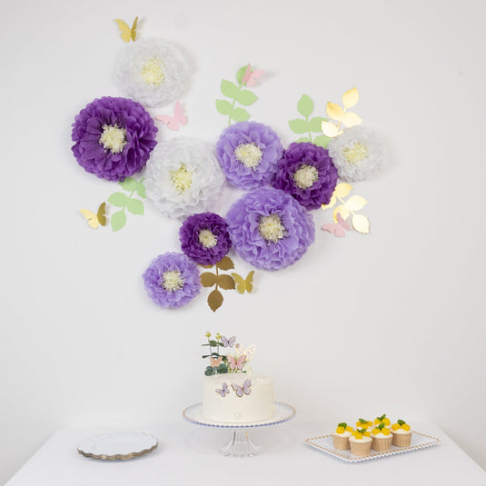 Set of 21 Tissue Paper Flowers Pom Poms Decor Kit  White Purple 3D Chrysanth Floral Wall Decor with Butterflies & Olive Leaves - 8",10",12" Decorations HIER_9600